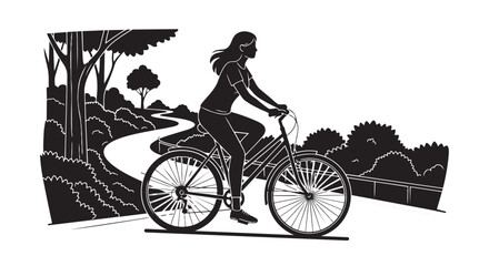 Leisurely cycling: a woman pedaling her bike along a beautiful winding nature trail