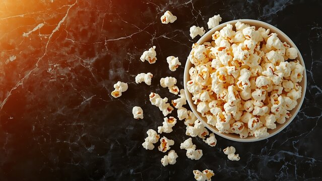 A bowl of freshly popped popcorn on a dark marble surface with warm lighting