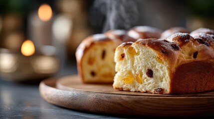 mexican traditional food, a close-up of a rosca de reyes with a small baby doll inside, steam rising, and colorful fruit in focus on a wooden stand
