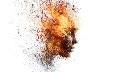 An abstract representation shows a human face formed from fire and smoke elements. The design blends warm colors creating a striking visual effect. The background is plain.