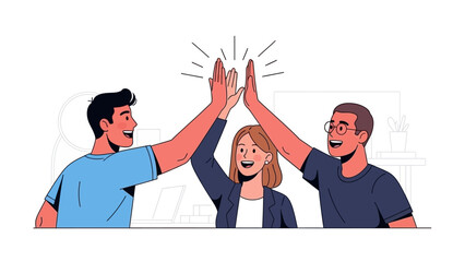 Vibrant illustration of a diverse team celebrating a successful collaboration with a joyful high-five, embodying partnership, achievement, and positive teamwork spirit