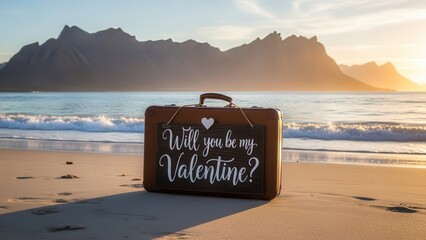 Brown Suitcase on Beach with Mountains and Ocean at Sunset Will You Be My Valentine