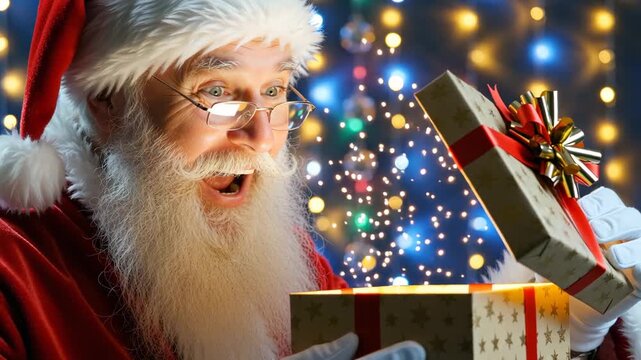 A cheerful Santa Claus opening a glowing magic goft box, light illuminating his joyful face; background softly blurred with dreamy, golden bokeh