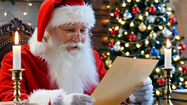 Santa Claus adjusting his glasses and reading a long letter from a child, sitting at a vintage desk, candlelight and blurred Christmas tree bokeh in the background