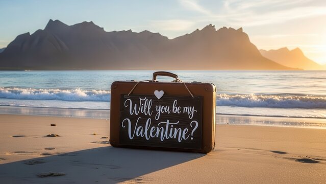 Brown Suitcase on Beach with Mountains and Ocean at Sunset Will You Be My Valentine