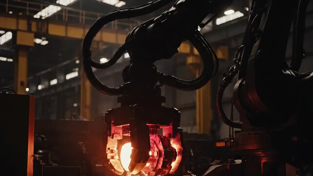 Automated robotic arm grips incandescent glowing metal with sparks flying in an industrial setting