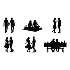Silhouettes of couples enjoying romantic moments and leisure activities together