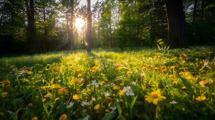 Sunlit meadow of yellow wildflowers in a forest