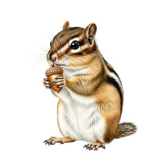 Obraz premium A tiny eastern chipmunk with rich brown fur and black stripes sits upright holding a small acorn, isolated on a stark white background in a detailed watercolor illustration, conveying delicate