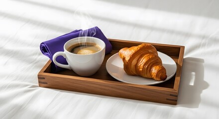 Steaming coffee and croissant breakfast served on a wooden tray