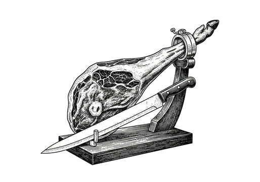 high-contrast black and white woodcut illustration of a cured ham leg on a dark slicing stand with knife, showing detailed fat marbling and texture, conveying artisanal quality concept