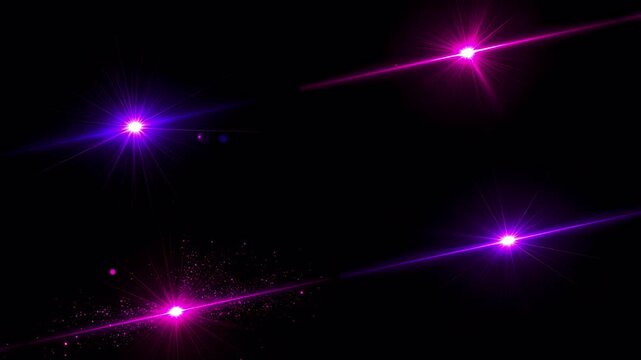 Pack of four animated purple and pink optical lens flares. Special effects video collection with light rays, particles, and starbursts. Alpha channel overlay with transparent background.