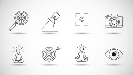 Set of icons: camera, target, meditation, spotlight, focus, magnifying glass, eye, abstract symbols