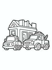 Two vehicles outside a building isolated on white background, Vector, illustration