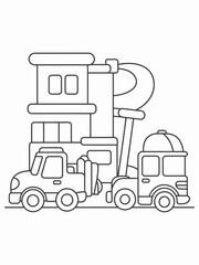 Fire truck and building isolated on white background, Vector, illustration