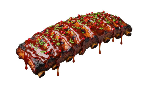 a full rack of charred pork spare ribs with rich, glossy mahogany barbecue glaze dripping, levitating against a minimalist white background with dramatic cinematic lighting, luxurious food