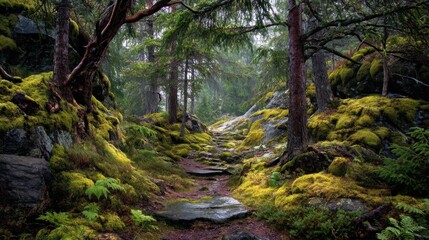 Obraz premium A path leads through a dense forest filled with trees. Moss grows on rocks and the ground. Soft light filters through the branches. Ferns grow along the sides adding greenery to the scene.