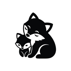 Fototapeta premium A tender monochrome illustration captures the heartwarming bond between a loving mother fox and her adorable kit, symbolizing care, family, and the beauty of nature's embrace in a stylized graphic