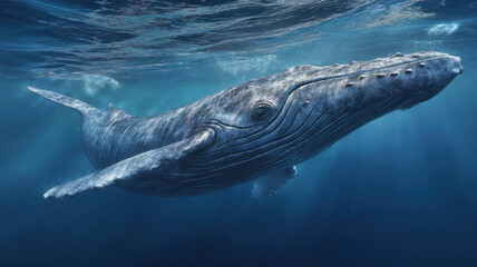 Humpback whale gliding underwater in deep blue ocean with sun rays filtering through water, powerful marine wildlife scene highlighting ocean life, nature conservation, and majestic aquatic beauty