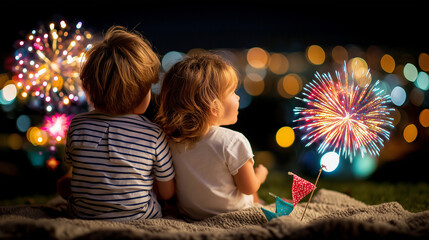 Two kids on blanket watching fireworks, colorful night sky display, small flags holding, heartwarming celebration moment, children's wonder capturing, defocused pyrotechnics, with 