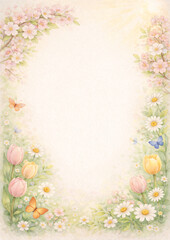 Spring Floral Frame with Soft Pastel Flowers Border