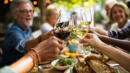 Diverse group sharing meal outdoors, drinks and toast gathering, natural light captured togetherness, celebration sense evoking, heartwarming community moment, defocused setting, w
