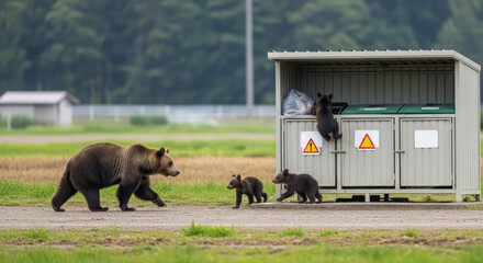 母グマと子グマたちが人間の居住地近くのゴミ箱周辺で食べ物を探す様子。人間の生活圏の境界における野生動物の適応と衝突を示している。