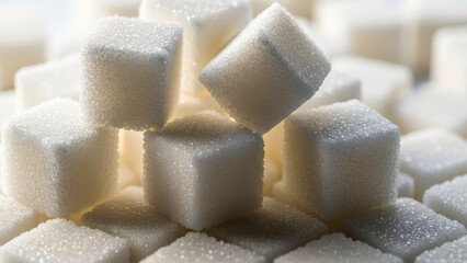Detailed of stacked white sugar cubes with visible crystals, soft light, and shallow depth of field highlighting sweetness and texture.