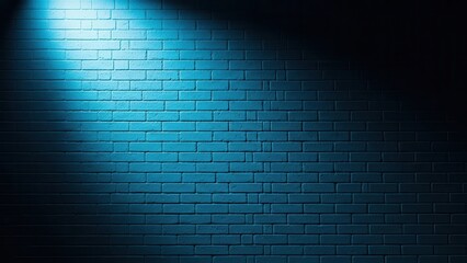 Blue spotlight illuminating a dark brick wall with dramatic lighting.
