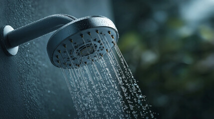 Water-saving shower head visual presenting flow-reduction technology, conservation messaging strength, sustainable household practice reinforcement, and clean composition encouraging improved