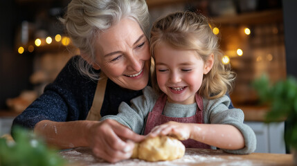 Grandmother granddaughter working with dough, smiling collaboration heartfelt bond, love care family, heartwarming baking together, intergenerational teaching moment, with copy spa