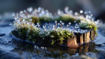 A small log with a heart shape on it is covered in frost and surrounded by a field of moss