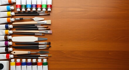 Assortment of colorful paint tubes, brushes, and palette knives