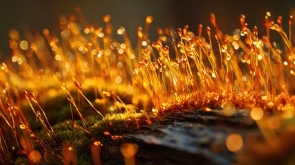 A close up of a bunch of yellow grass with water droplets on it. The image has a warm and peaceful mood, with the bright yellow grass and the water droplets creating a sense of calmness and serenity
