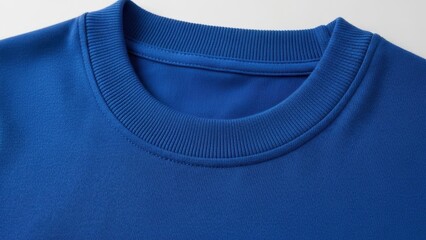 Close-up of a blue crew neck sweatshirt collar.