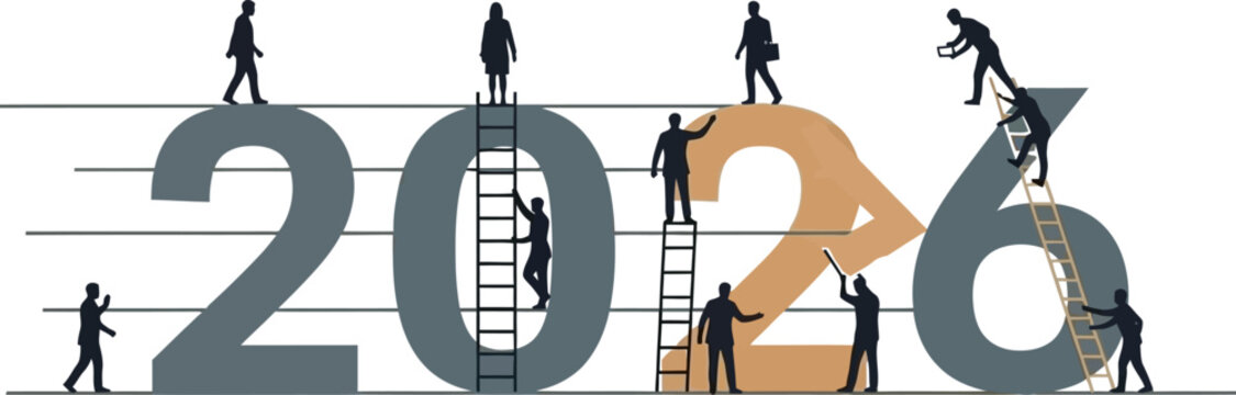 Businessmen climbing ladders to form number 2026 year on checkered background