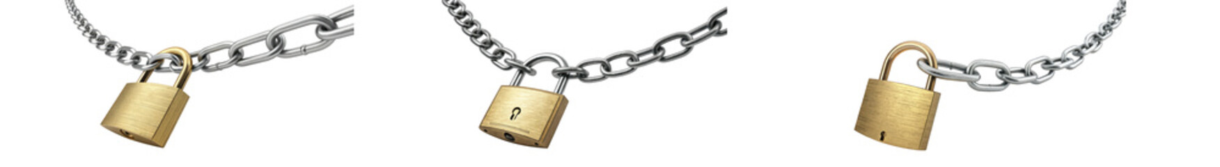 Three chains with golden locks isolated on transparent background
