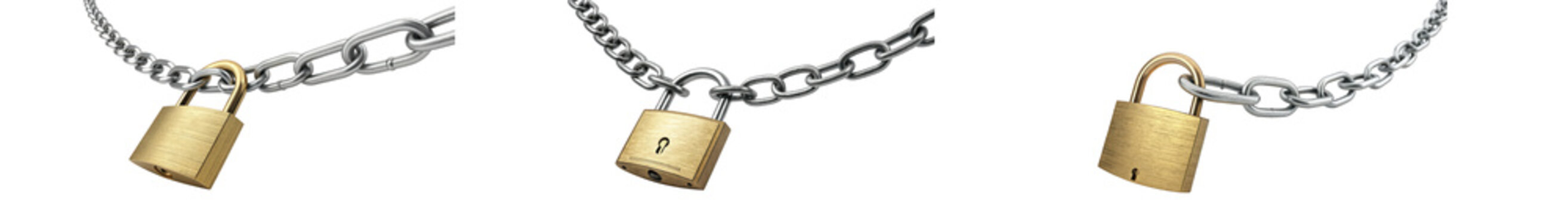 Three chains with golden locks isolated on transparent background