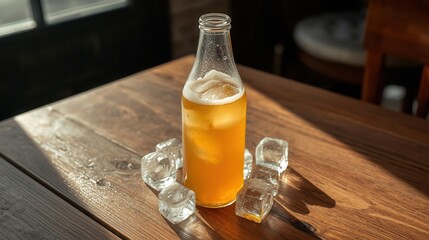 Refreshing monocane drink with ice cozy indoor setting beverage photography natural light relaxing atmosphere inviting viewpoint