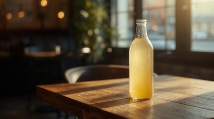 Refreshing monocane beverage cozy  glass bottle warm light inviting atmosphere relaxed gathering vibe for ultimate enjoyment