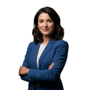 Confident and successful businesswoman smiling professionally with arms crossed in a crisp blue suit, embodying modern leadership and corporate success