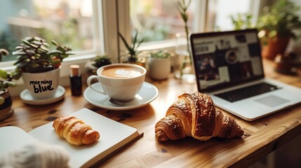 Cozy home office desk with laptop coffee and croissants by sunny window.

