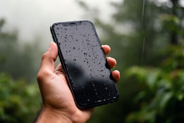 Hand holding smartphone with raindrops against blurred greenery