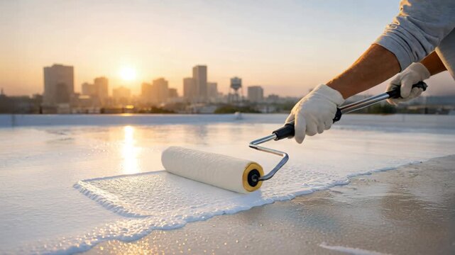 Worker applying reflective cool-roof coating at sunrise on urban rooftop, climate adaptation and heat mitigation solution without disaster imagery, calm sustainable city concept, generative AI