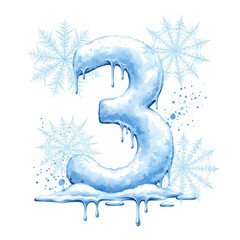 Watercolor illustration of the number 3 created with blue snow splashes and droplets on a white background