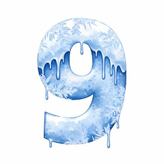 Watercolor illustration of the number 9 created with blue snow splashes and droplets on a white background