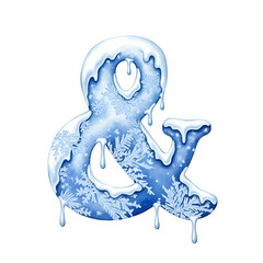 Watercolor illustration of the letter & created with blue snow splashes and droplets on a white background