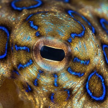 Gros plan macro sur l&rsquo;&oelig;il d&rsquo;une pieuvre &agrave; anneaux bleus