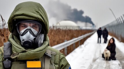 Soldier in protective gear stands guard while others walk on snowy path