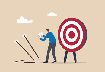 Learn from failure or mistake, admit and embrace the failure and practice to achieve success next time concept, businessman holding book look at missed target arrow learning or studying mistakes